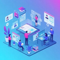 Obraz premium People collaborating on digital screens and data analysis in a virtual workspace, representing teamwork and digital collaboration. 