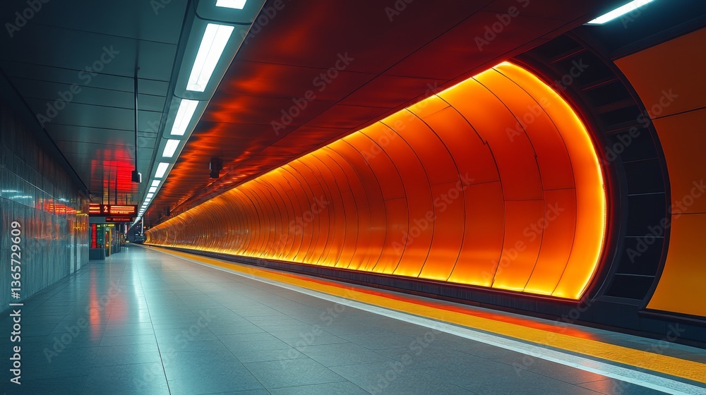 Poster the subway platform features striking orange illumination highlighting the curved architecture of th