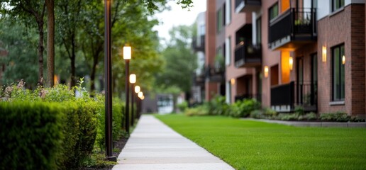 Modern residential building exterior with walkway and greenery