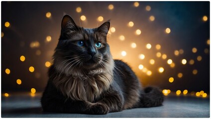 black and white cat on a black background