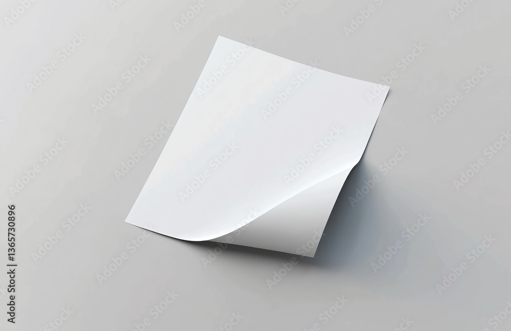 Poster a minimalistic view of a single white sheet of paper with a curled corner on a light gray surface