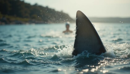 Fototapeta premium Shark Fin in Sea : Close up Danger to Swimmer
