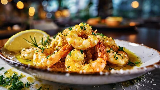 Delicious garlic butter prawns seasoned with herbs and lemon, creating a flavorful seafood dish.