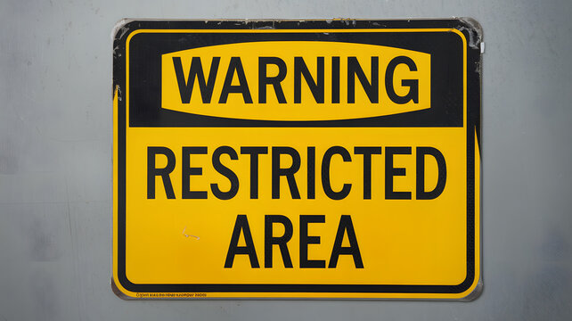 Yellow and black rectangular sign reads WARNING RESTRICTED AREA attached to a weathered gray surface.