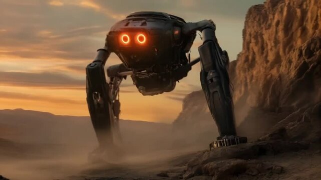 A robot walks on a rocky surface with a sunset background. Smooth repetitive motion for background video animation.
