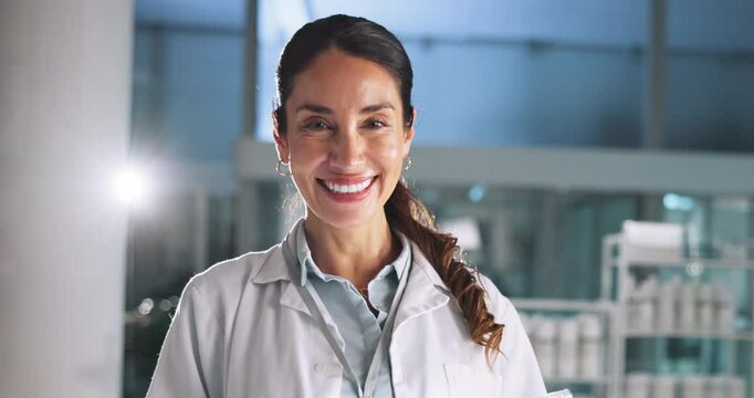 Smile, scientist and face of woman with tablet in laboratory for biotech study, medical research and progress report. Science expert, night and laughing with digital tech for test results feedback