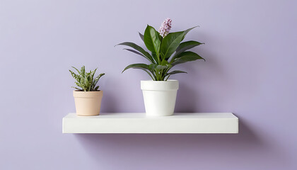 Fototapeta premium Potted plants on shelf against lavender wall home decor idea