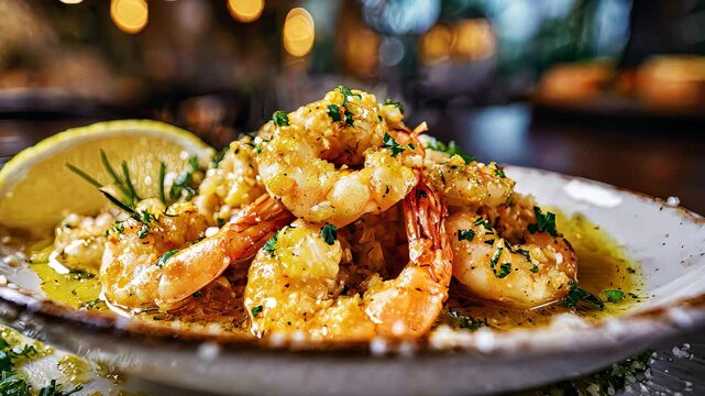 Delicious garlic butter prawns seasoned with herbs and lemon, creating a flavorful seafood dish.