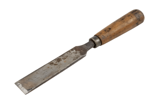 Old rusted scrap knife with worn handle, isolated on a white background, transparent PNG for seamless design