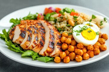 Grilled chicken and quinoa salad with chickpeas and egg.