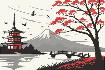 33 Japanese landscape painting, Mount Fuji, tranquil lake, red maple tree, pagoda, misty mountains, birds in flight, traditional wooden bridge, ethereal atmosphere, ink wash style, cherry blossoms, dr