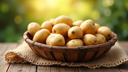 A rustic basket filled with freshly harvested potatoes on a burlap sack, bathed in warm sunlight. The golden-brown skin and earthy texture stand out. A softly blurred background provides  copy space