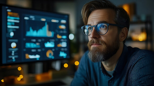 A digital marketer analyzing data on a large screen in a tech-filled office, with infographics and metrics on online store performance