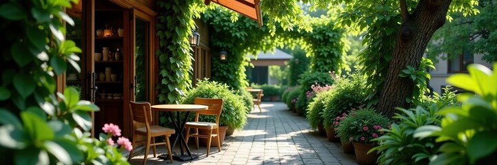 Fototapeta premium lush greenery adorning a cozy outdoor cafe setting, green, colorful