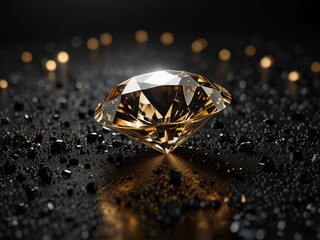  crystal-clear diamond surrounded by soft golden particles floating in a black void