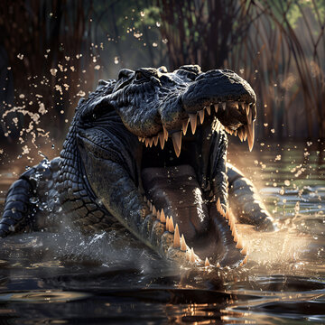 The crocodile opened its mouth in the water