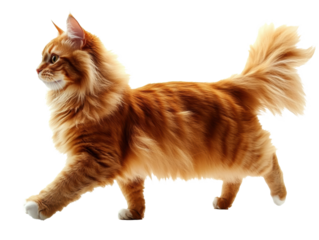 Fluffy orange cat walking gracefully across a white background, cut out