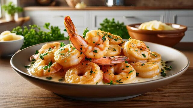 Shrimps are served on a round plate with creamy garlic sauce and parsley, creating seafood meal.