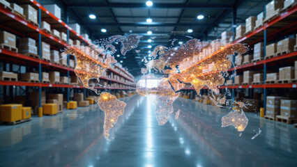 digital world map overlaying warehouse interior, showcasing logistics and global trade connections