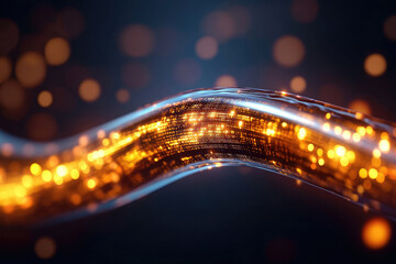 Fototapeta premium glowing, abstract digital wave with bright orange lights and binary code elements creates futuristic and dynamic visual. image conveys sense of technology and innovation