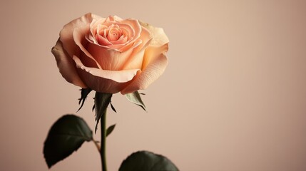 Fototapeta premium Delicate Pink Rose Blossom on Minimalist Background with Soft Natural Lighting and Green Leaves