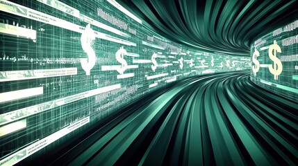 Digital currency flow virtual environment abstract visualization futuristic design dynamic perspective financial technology
