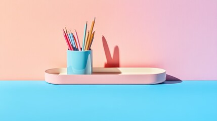 Colorful Desk Scene with Pencil Holder and Colorful Pencils on Vibrant Background