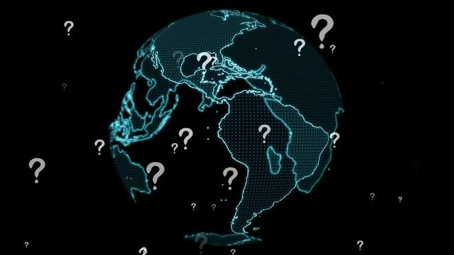 Digital World Globe with Question Marks Representing Uncertainty