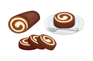 Chocolate roll cake on a plate with a fork vector illustration. Chocolate roll icon set vector isolated on a white background. Brown chocolate rolls cake drawing
