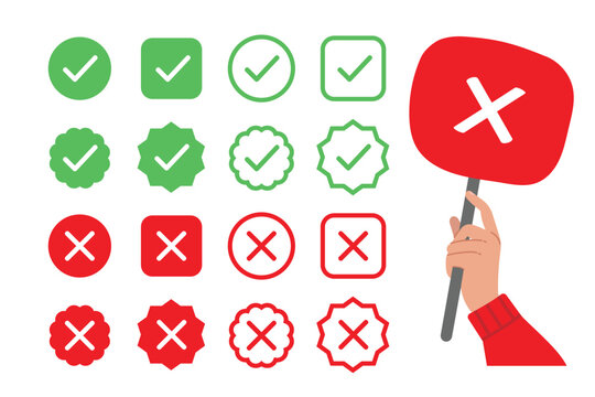 Check mark icon illustrate with right or wrong icons, green tick and red cross checkmarks, yes or no sign, true or false icon and approved or rejected icon. Flat vector illustration.