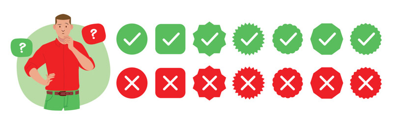 Check mark icon illustrate with right or wrong icons, green tick and red cross checkmarks, yes or no sign, true or false icon and approved or rejected icon. Flat vector illustration.