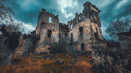Mysterious remnants of a forgotten fortress amidst dark clouds and wild grass Generative AI