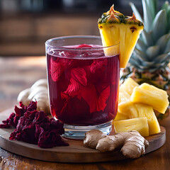 Refreshing Nigerian Zobo Drink with Pineapple and Ginger Presentation