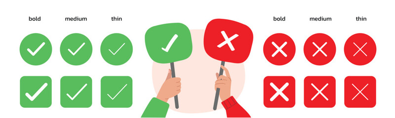 Check mark icon illustrate with right or wrong icons, green tick and red cross checkmarks, yes or no sign, true or false icon and approved or rejected icon. Flat vector illustration.