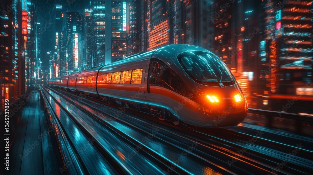 Poster a high speed metro train moves swiftly through a bustling urban environment, surrounded by towering 