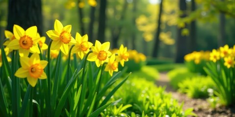 Obraz premium Sunlit Daffodils Blooming in a Verdant Meadow Path, a Vibrant Spring Landscape