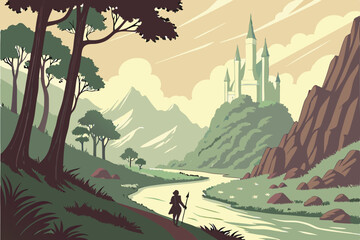 35 Fantasy landscape, towering stone spires, lush green trees, winding river, distant white castle, misty mountains, sunlit clouds, vibrant colors, epic scale, magical atmosphere, lone traveler silhou