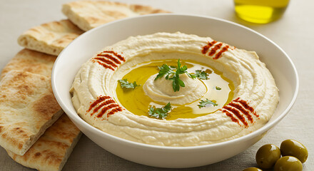 Traditional Hummus with Olive Oil and Pita Bread