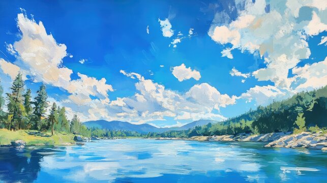 Kootenai River Leisure. North West Montana River with Blue Skies and Small Sky Shot - Powered by Adobe