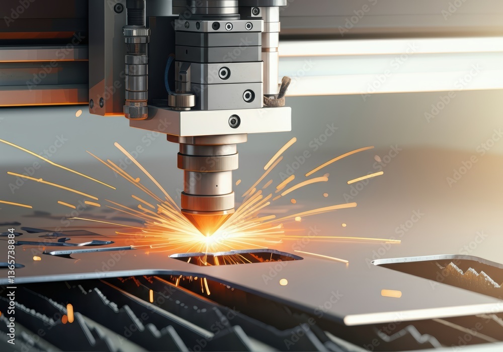 Poster laser cutting machine creating sparks while processing metal sheet