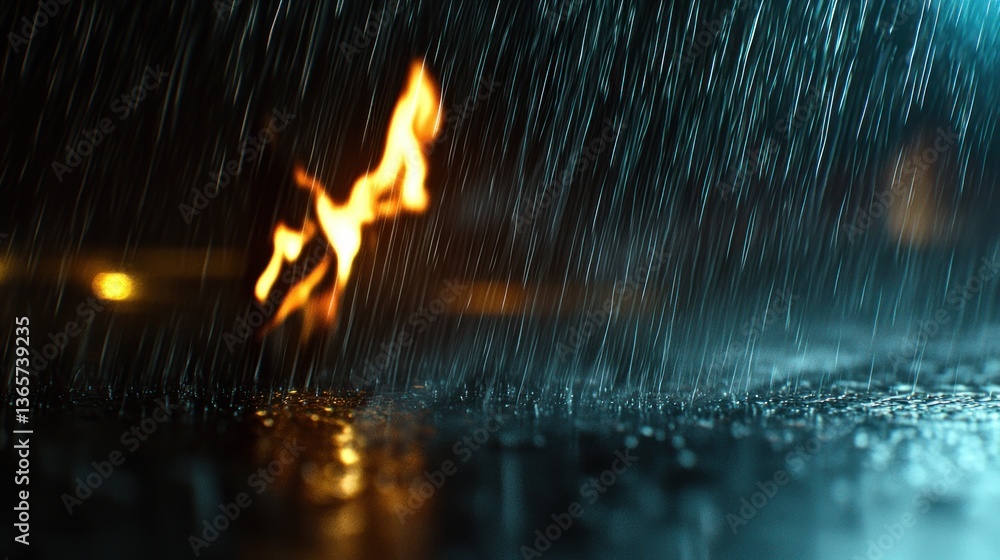 Poster rainfall with flames on a wet surface at night, creating a dramatic contrast in a moody scene