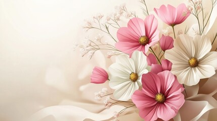 Beautiful arrangement of delicate pink and white flowers in pastel colors on a soft background