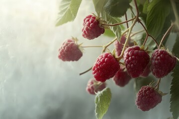 Beautiful ripe raspberries hanging from a green leafy branch in sunlight