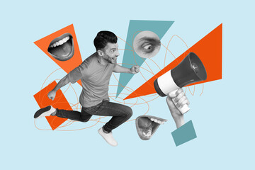 Composite art 3d creative collage of happy man activist run hand hold megaphone agitation riot body...