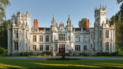 Fototapeta premium Historic stately home, grand facade, tranquil garden setting
