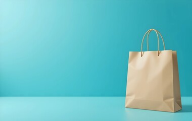 Blank brown paper shopping bag, 3D rendering of a brown blank shopping bag on blue background, paper shopping bag on blue background, brown paper shopping bag with subtle design