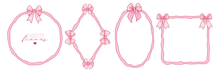 Set of elegant whimsical hand drawn pink color geometric frames with wavy squiggle curly ribbons in trendy, vintage styles. Perfect for quirky holiday, wedding, birthday gift decorations. Vector