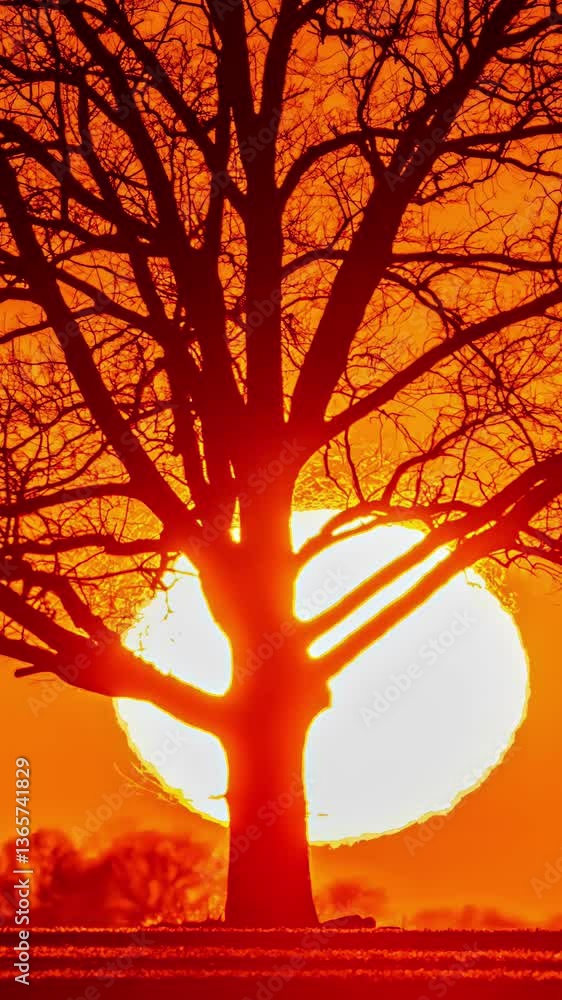 Poster vertical view of a moonlight setting behind leafless tree silhouette. timelapse