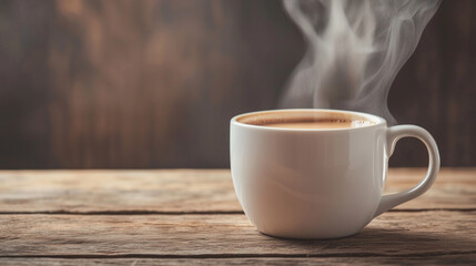 A steaming cup of black coffee in a white ceramic mug, rich aroma rising.
