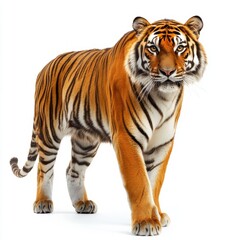 Obraz premium Majestic tiger with bright orange fur and black stripes standing proud against a clean white background